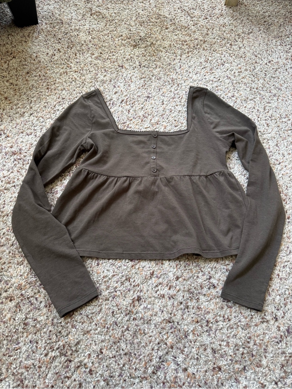 Square Neck Peplum Long-Sleeve Top - Dark Brown